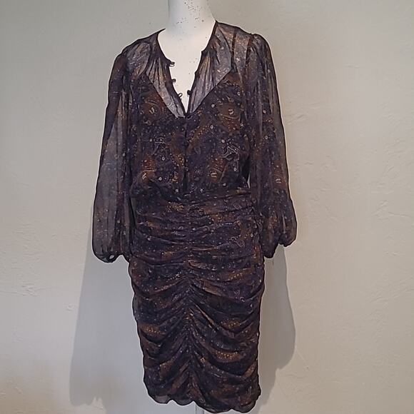Veronica Beard "Kerri" Vintage-Inspired Print Silk Dress, Ruched Skirt, Size 6 - Picture 4 of 10